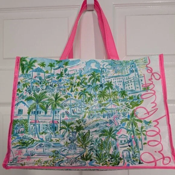 Lilly Pulitzer Reusable Shopping Bag Pink Vinyl Top Handle Tote Lightweight - Picture 2 of 9